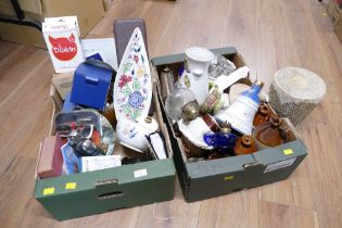 Two boxes of stoneware bottles, Toby jugs, Queen Mother Wade Whisky bell (empty), Poole dish,