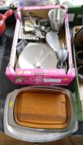 Box of Old Hall and stainless steel meat platters, serving dishes, tongs, ice buckets,