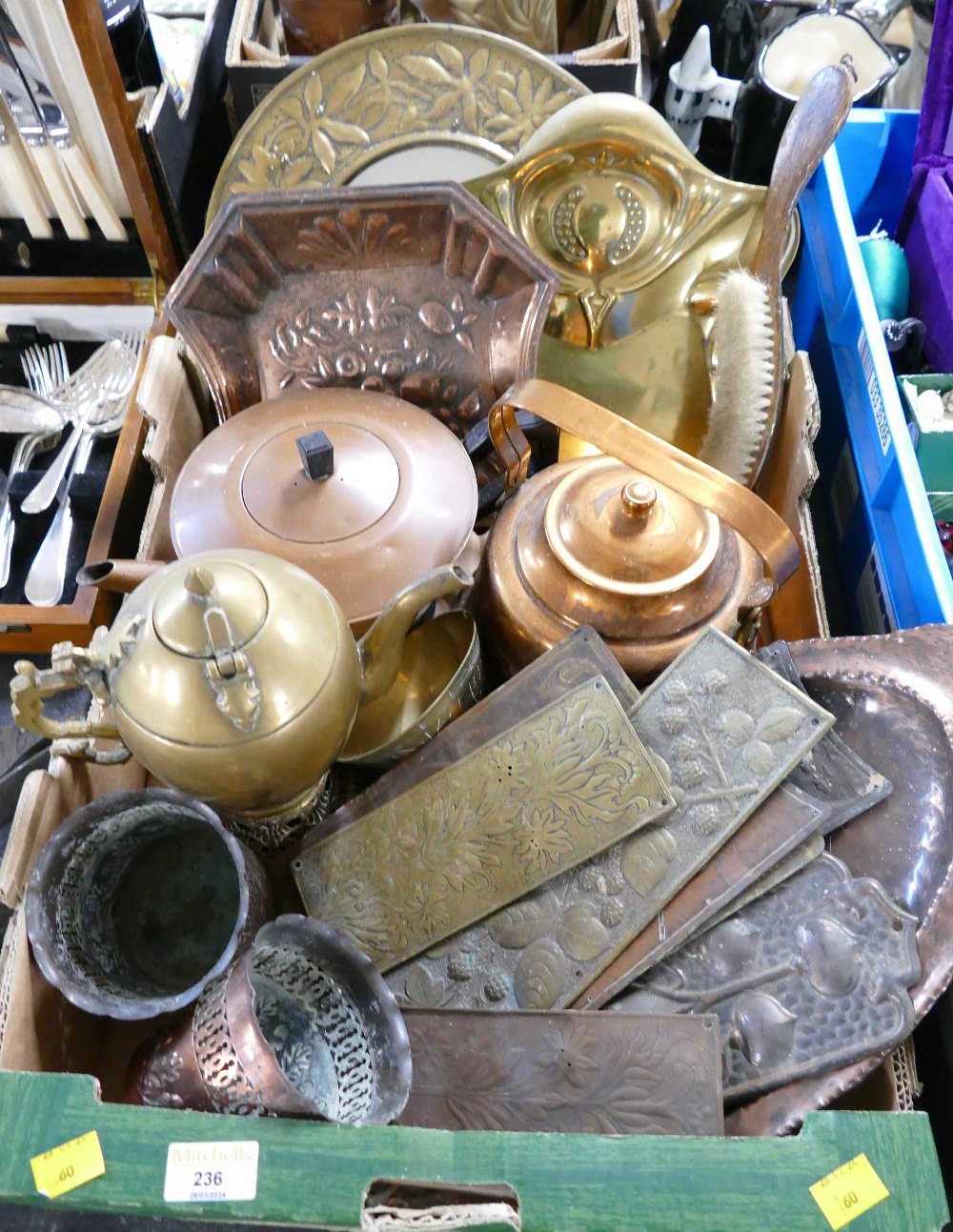 Brass and copperware including hand beaten mirror, crumb trays, teapots,