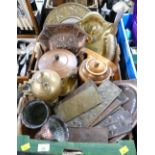 Brass and copperware including hand beaten mirror, crumb trays, teapots,