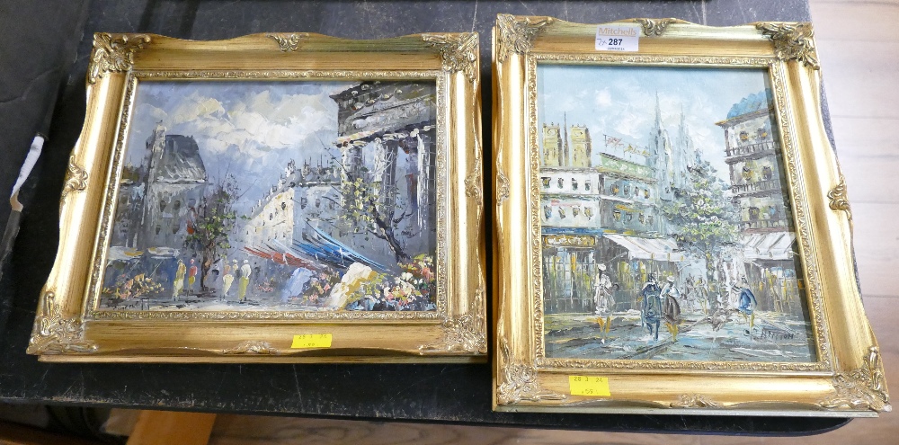 Pair of framed Continental street scene oil paintings,