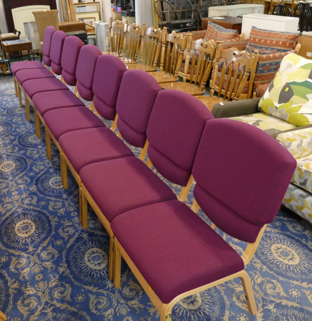 Eight plum upholstered chairs (manufacturers material composition list and purchase invoice