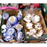 Two boxes of blue and white including Ringtons, Old Country Roses tea set,