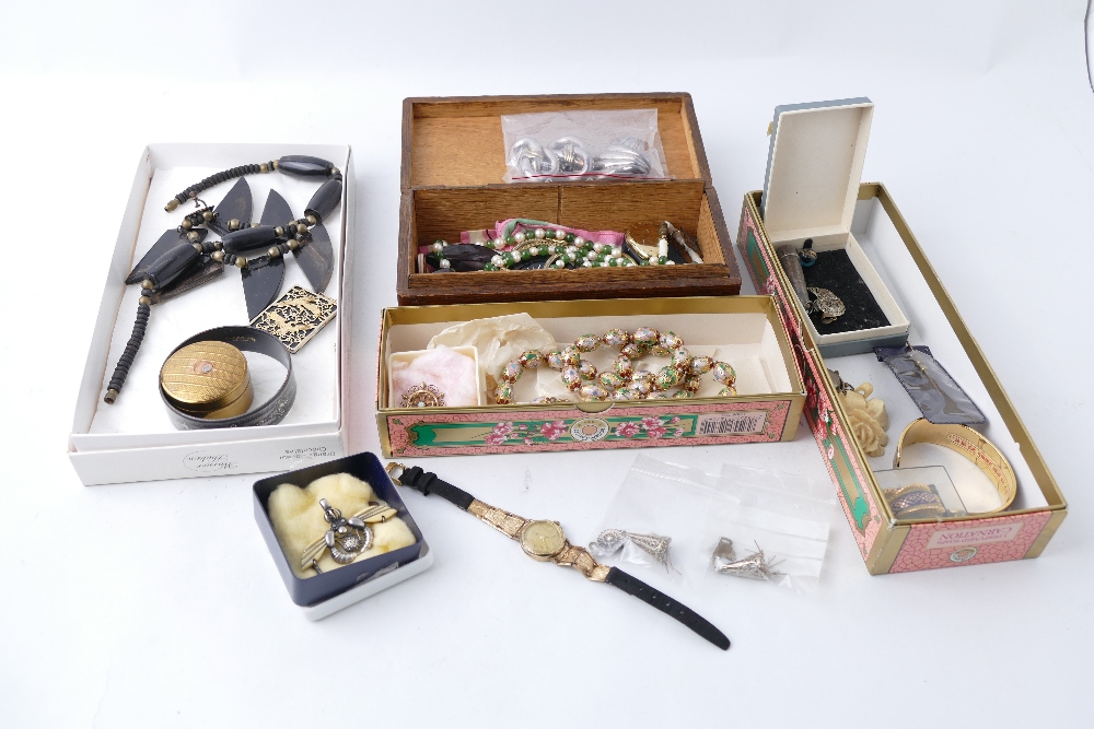 Box of vintage costume jewellery and ladies wristwatch