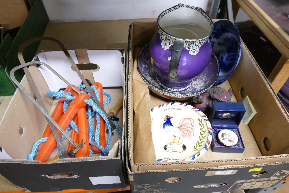 Purple ceramic wash jug and bowl, Whitehaven decorated plate, trinkets and ornaments,