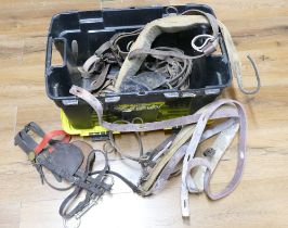 Storage tub containing vintage horse harness