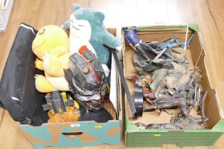 Two boxes of Pokemon soft toys, toys and models including Dishonored II mask,