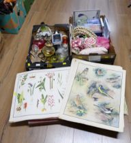 Two boxes of ornaments, oil lamps, curtain tiebacks,