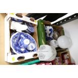 Two boxes of blue and white china including Spode, plated serving dishes, glass lamp shades,