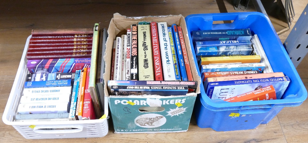 Three boxes of books, mostly military interest including collectors' guides relating to pistols,