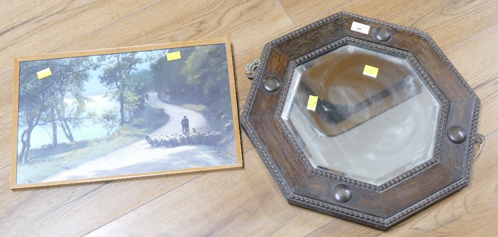 Octagonal oak framed wall mirror, diameter 44 cm,