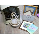 Two boxes of picture frames and wicker plant baskets