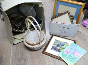 Two boxes of picture frames and wicker plant baskets