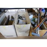 Three boxes of picture frames, bathroom scales, dressing table brush set, vases, kitchenware,