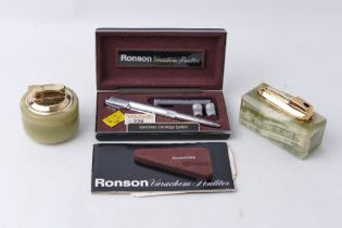 Ronson Varachem Penliter in box and two soapstone table lighters