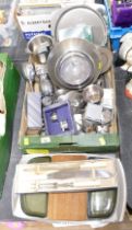 Box of Old Hall and stainless steel serving bowls, trays, napkin rings,
