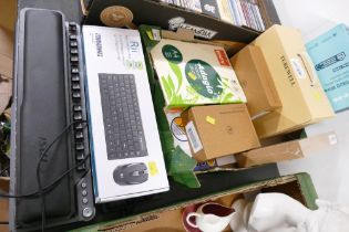 Box of wireless router, boxed HP projector, BT Home phones, WiFi disc,