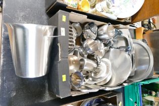 Box of Old Hall and stainless steel nibble dishes, serving trays, tea and coffee sets,