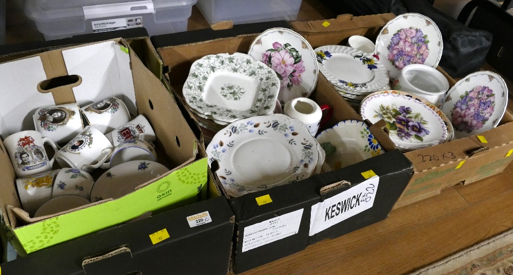 Three boxes of decorative plates, part tea sets,