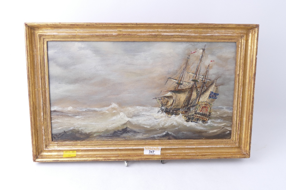 Picture of a galleon in a choppy sea signed Roderick,