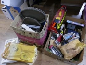 Two boxes of plated trays, dressing brush set, safety extension lead, light fittings, stockbooks,