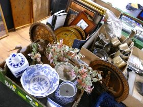 Three boxes of metalware, goblets, pictures, place mats, wooden bowls, ceramic Bonsai trees,