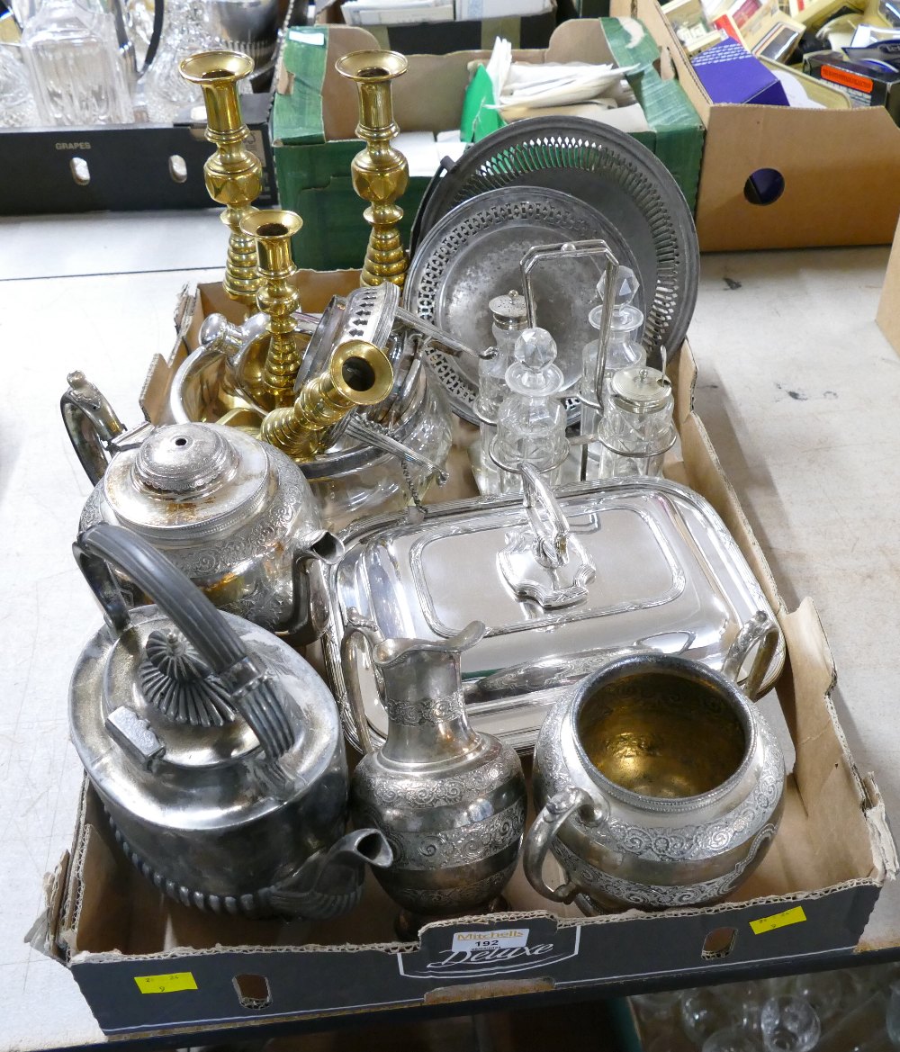 Box of plated ware, serving dishes, condiment sets, tea and coffee sets,