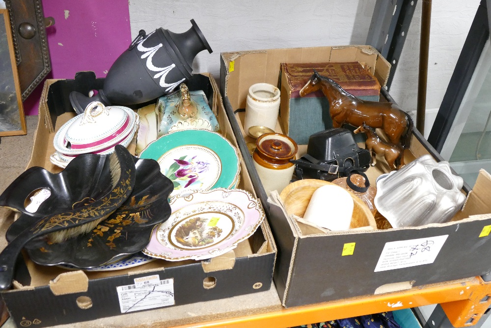 Two boxes of decorative plates, butter dish, Beswick horse, Mrs Beeton's Household Management book,