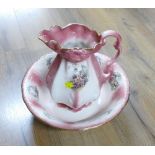 Pink Staffordshire style pottery wash jug and bowl