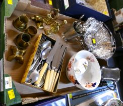 Box of brass miniatures, cutlery, plate ware, bonbon dish, sugar tongs,