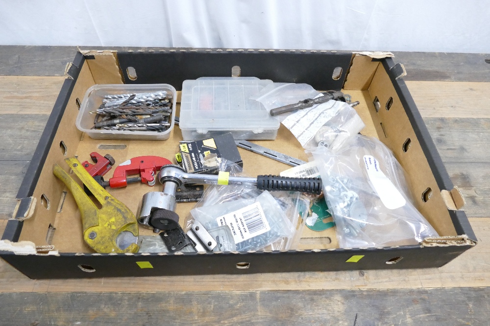 Box of workshop tools and accessories which include screws, drill bits, pipe cutters etc.