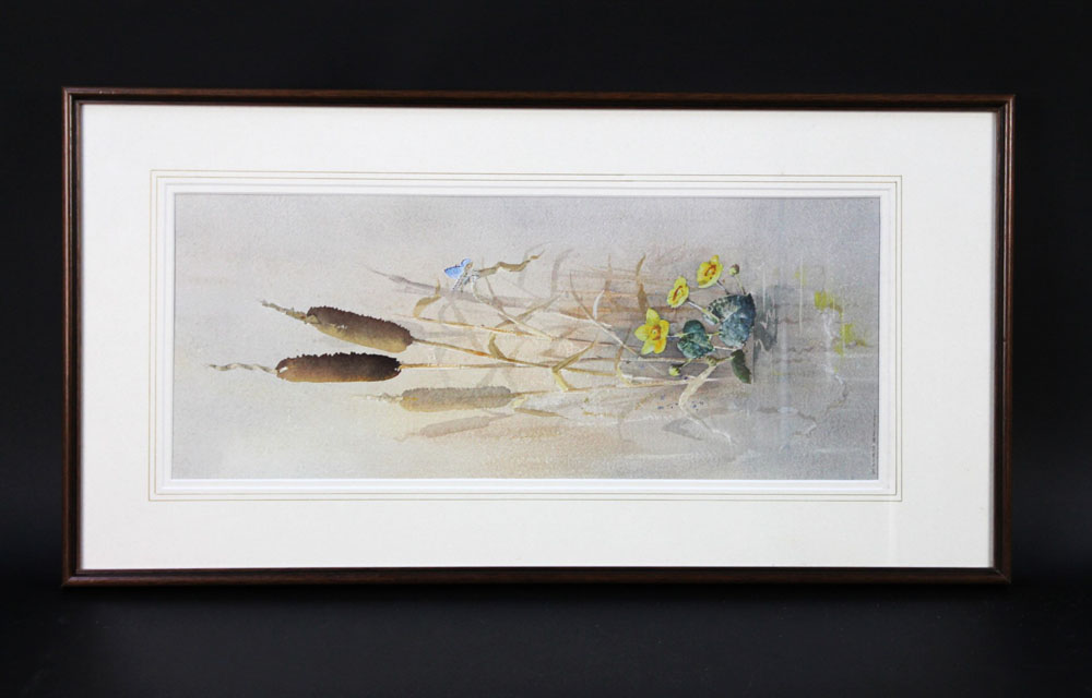 Alan Smith a watercolour Common Blue Butterfly with bullrushes, 50 x 20 cm, framed and mounted,