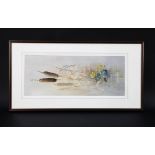 Alan Smith a watercolour Common Blue Butterfly with bullrushes, 50 x 20 cm, framed and mounted,