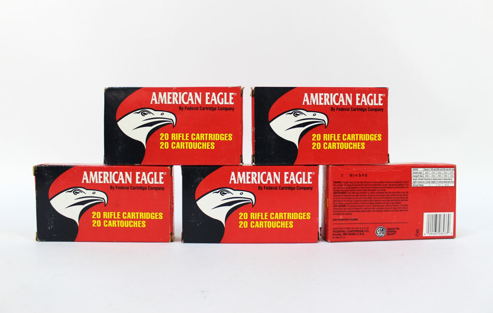 One hundred cal 308 Winchester American Eagle 150 grain full metal jacket,