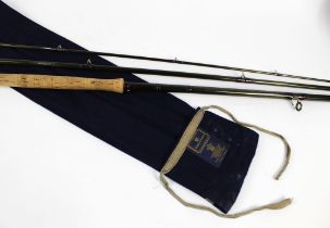 A salmon fly rod, in three sections, 16', in a House of Hardy blue bag.