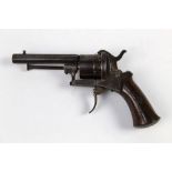 A Belgian Pinfire revolver, with a 3 1/4" hexagonal barrel, folding trigger and wooden grips.