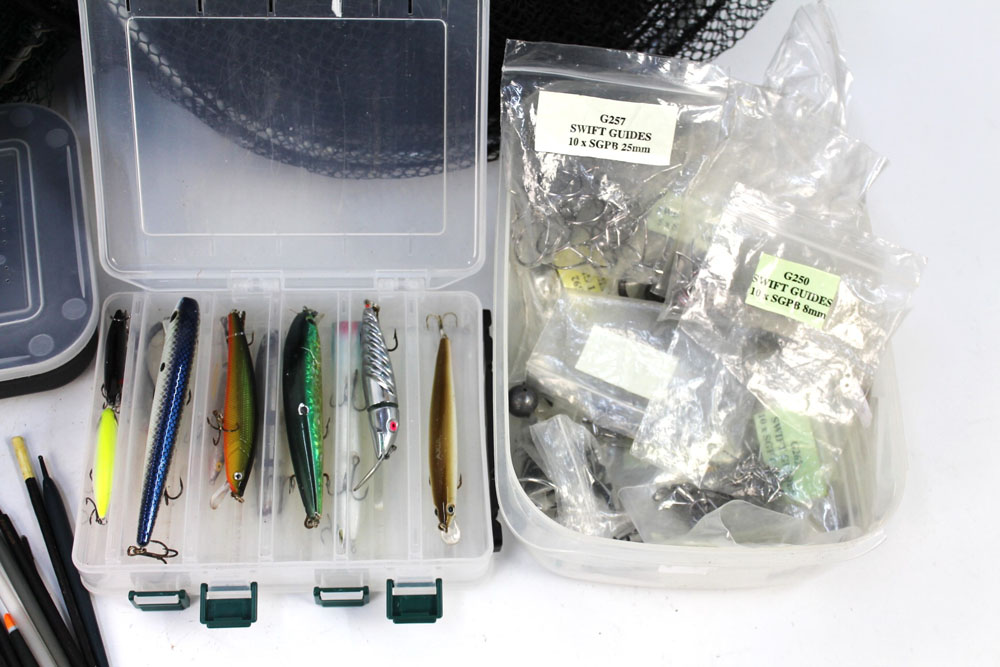 Two keep nets and a box of Swift rod eyes, double sided tackle box with lures, Abu Garcia Tobys, - Image 2 of 2