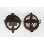 Two vintage pole traps, the first the plate marked Shaw and having a 14 cm diameter,