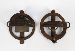 Two vintage pole traps, the first the plate marked Shaw and having a 14 cm diameter,