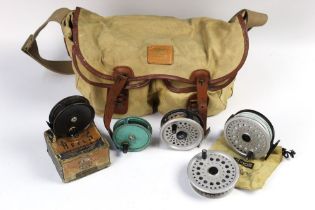 A Hardy canvas and leather fishing bag, together with a Ryobi 455 MG salmon fly reel,