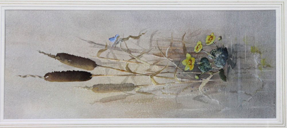 Alan Smith a watercolour Common Blue Butterfly with bullrushes, 50 x 20 cm, framed and mounted, - Image 2 of 3