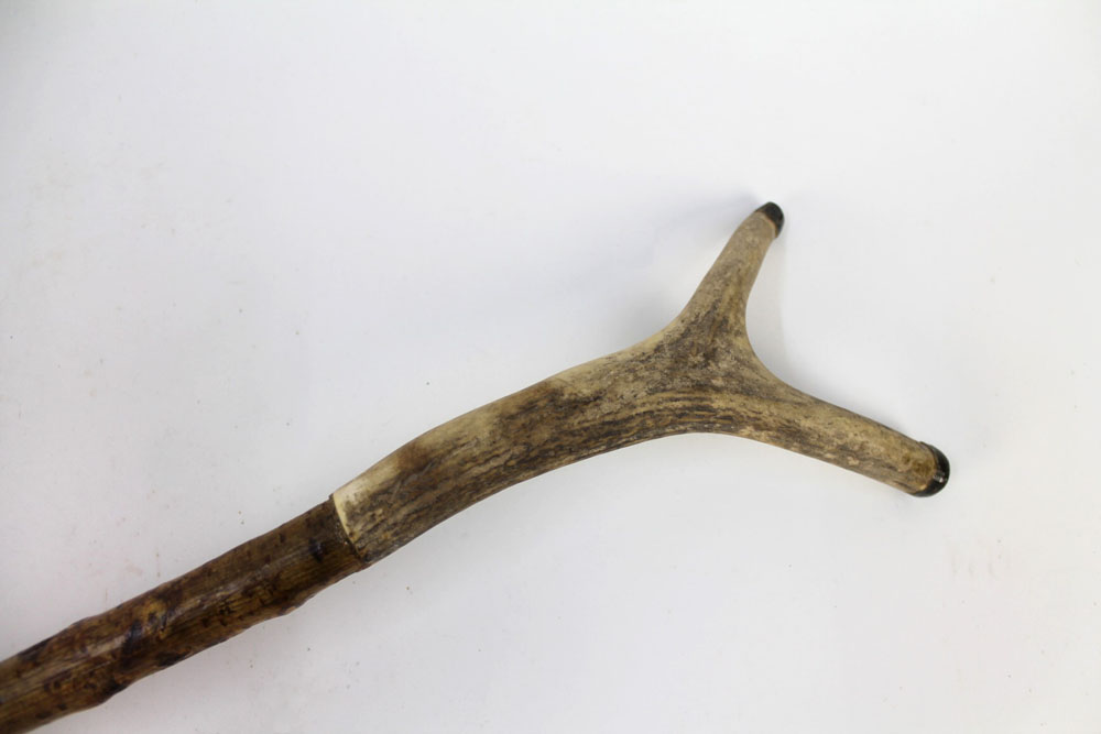 A hazel shafted walking stick with a honeysuckle twisted shaft and stag antler handle. - Image 2 of 3