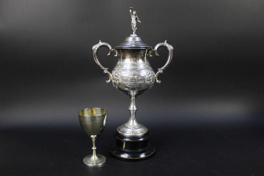 Two hound trailing trophies, the first with classical finial and with twin handles, - Image 2 of 5