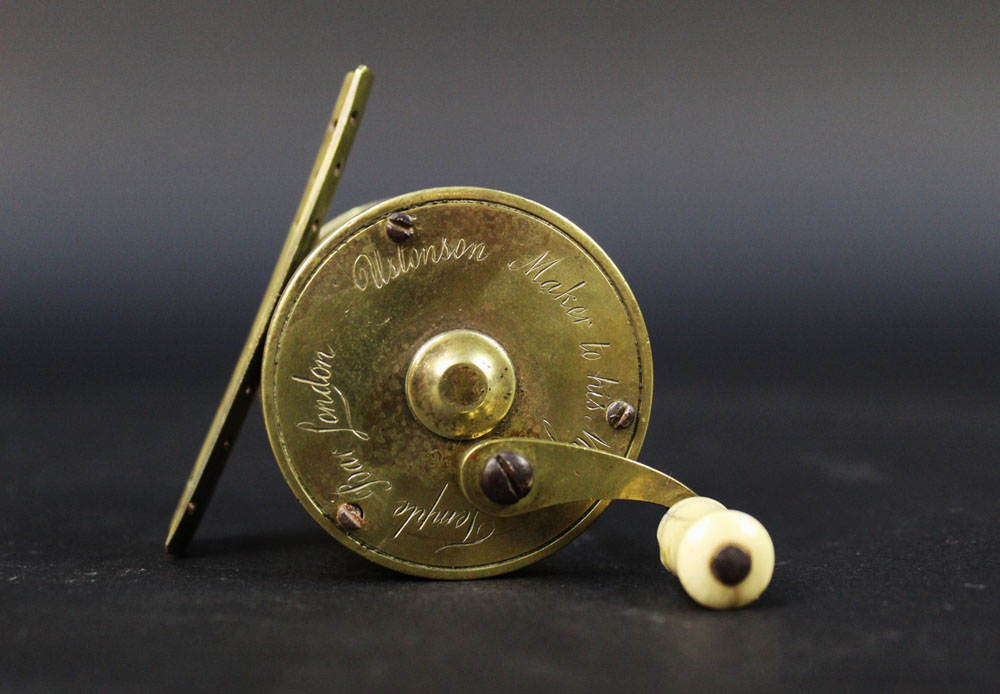 An Ustonson brass pole winch fishing reel, marked to the side Ustonson maker to His Majesty, - Image 2 of 5