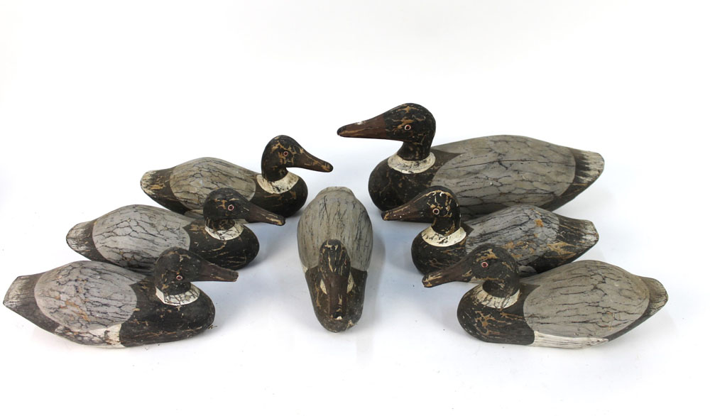 Seven late 20th century wooden duck decoys, in two different sizes, the largest beak to tail 37 cm, - Image 2 of 2