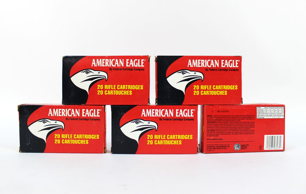 One hundred cal 308 Winchester American Eagle 150 grain full metal jacket,
