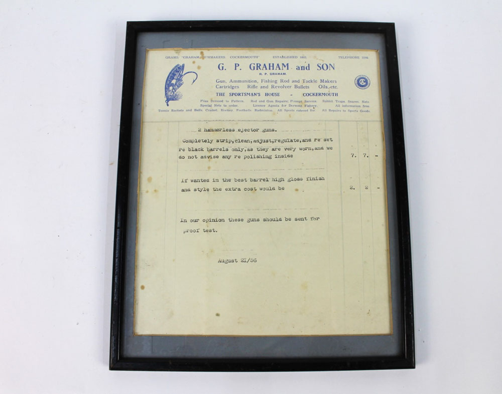 A receipt from GP Graham & Son Cockermouth dated August 21st 1956, 24 x 20 cm, framed and mounted.