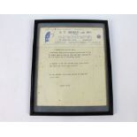 A receipt from GP Graham & Son Cockermouth dated August 21st 1956, 24 x 20 cm, framed and mounted.