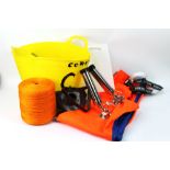 A pair of Ocean waterproof bib and brace, stainless steel boat rod holders, large spool of rope etc.