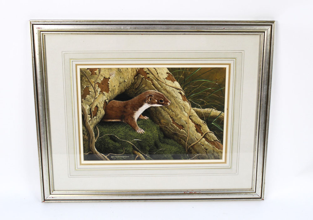 Ralph Waterhouse (born 1943), a watercolour gouache of a stoat or weasel beneath a tree, - Image 2 of 3